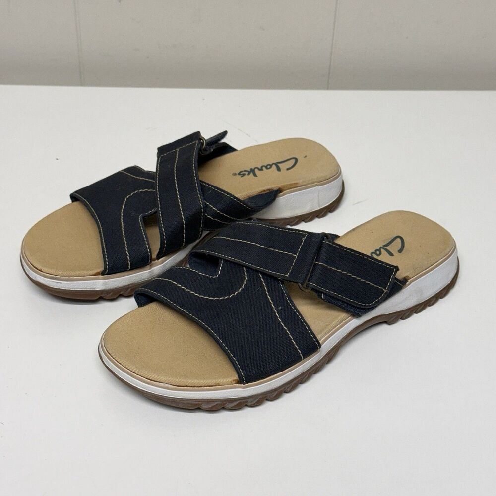 Clarks Canvas Sandals Slide Open Toe Comfort Adjustable Band Blue Women 7